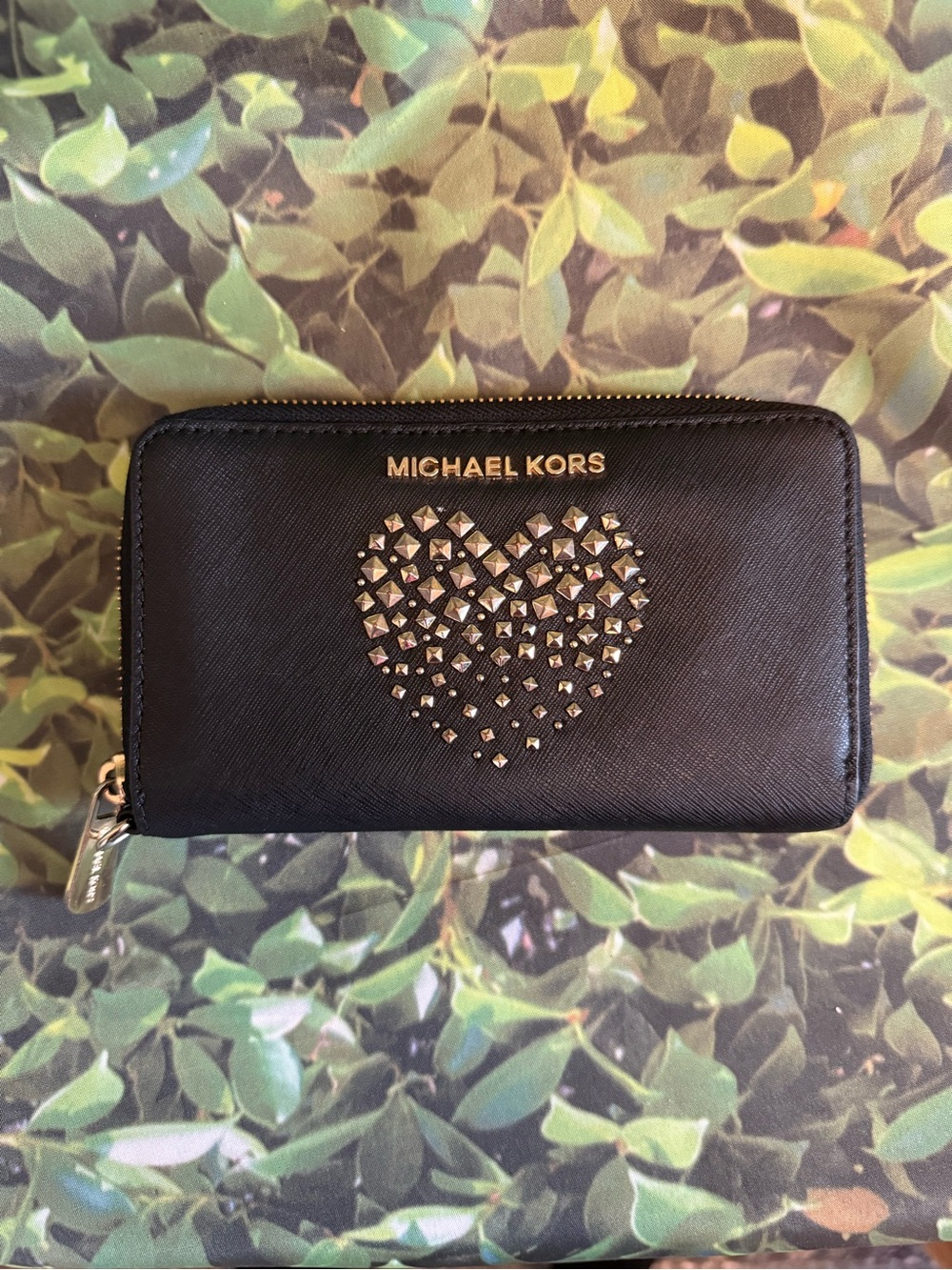 Michael Kors Black Saffiano Zip Wallet with Studded Heart